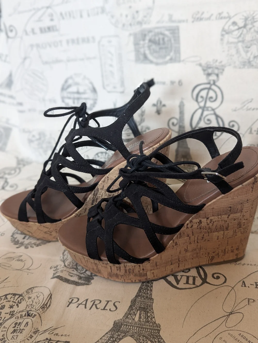 Mossimo Supply Co. Black Lace-Up Cork Wedge Sandals Size 8.5